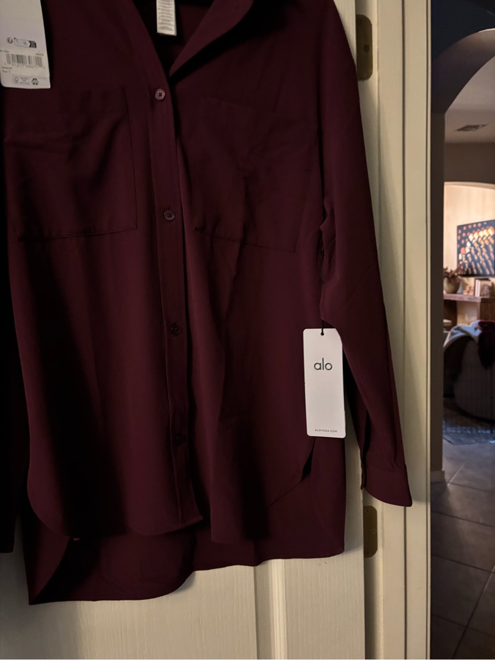 ALO Yoga Deep Wine Button-Up Top and high waist airlift leggings. - Picture 3 of 14